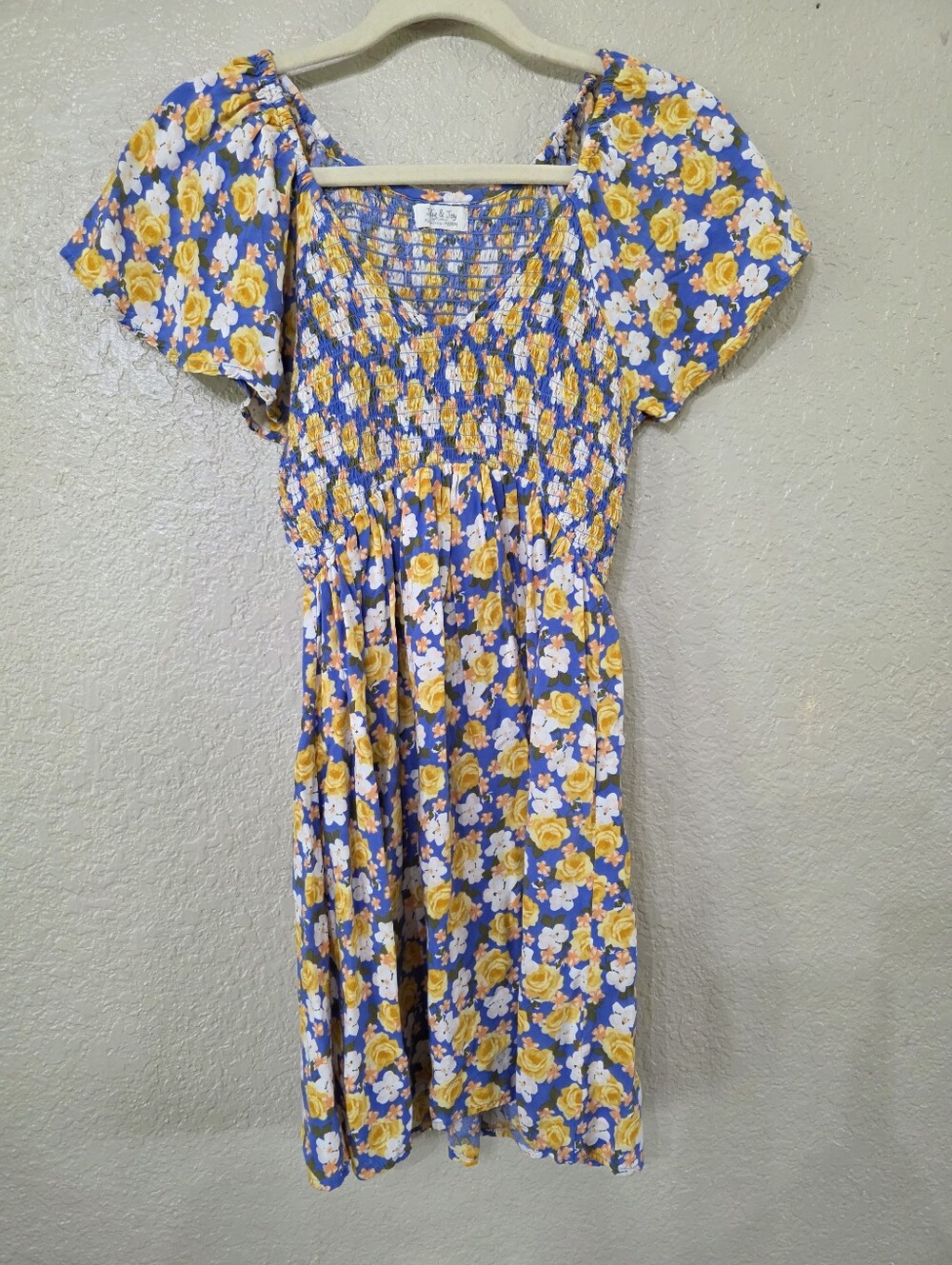 Blue Floral Smocked Mini Dress with Yellow Roses